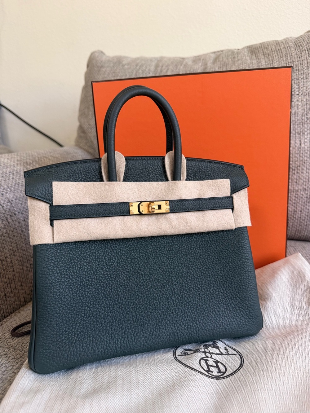 NEW w/ Receipt  HERMÈS Vert Fonce GHW Birkin 25 Togo Retourne , Stamp G-2026